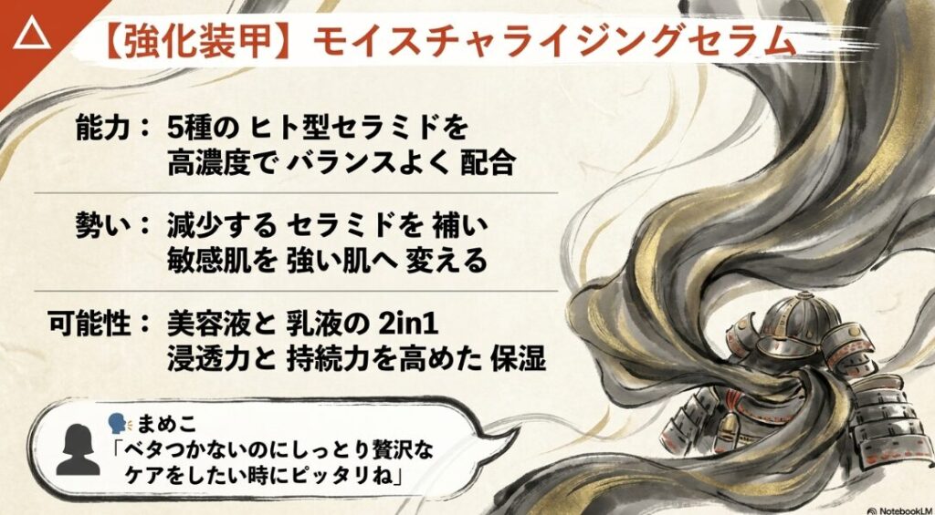 △ 強化装甲 強化兵器 モイスチャライジングセラム エトヴォス 5種の ヒト型セラミド 高濃度配合 2in1の 集中保湿を 象徴する 緻密な 筆致 まめこの 評価コメント