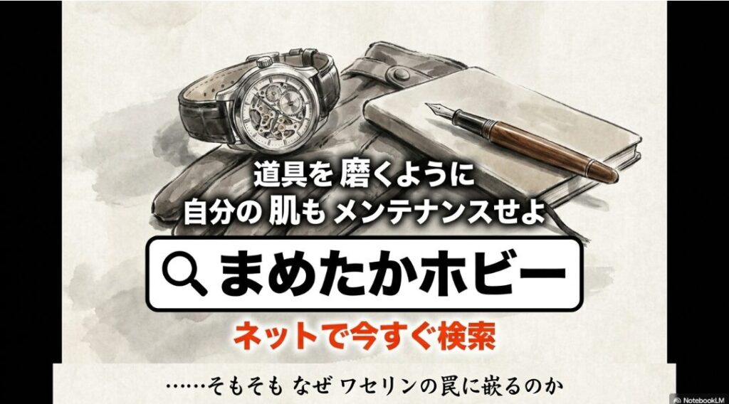 最終 結論 結び 道具を 磨くように 肌を 磨く メンテナンスの 思想 詳細は ブログ要塞 「まめたかホビー」 で 検索へと 導く