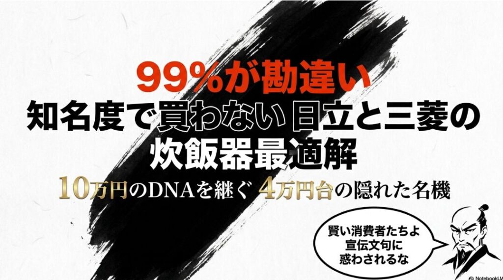 「99%が勘違い！知名度で買わない『日立と三菱』の炊飯器最適解」の表紙。水墨画風の墨しぶきを背景に、10万円の魂を4万円で手に入れる物理的根拠を提示するインパクトのある画像。