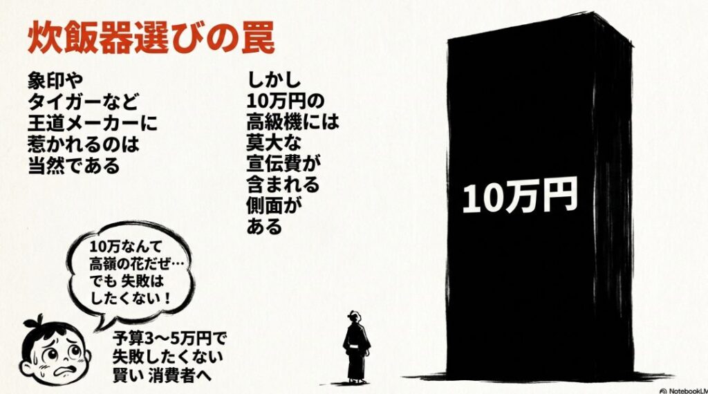 知名度や宣伝量で選ぶことの危険性を指摘する図解。王道メーカーの価格には宣伝費が含まれている側面があり、生活のリアルから逆算した選び方が重要であることを解説
